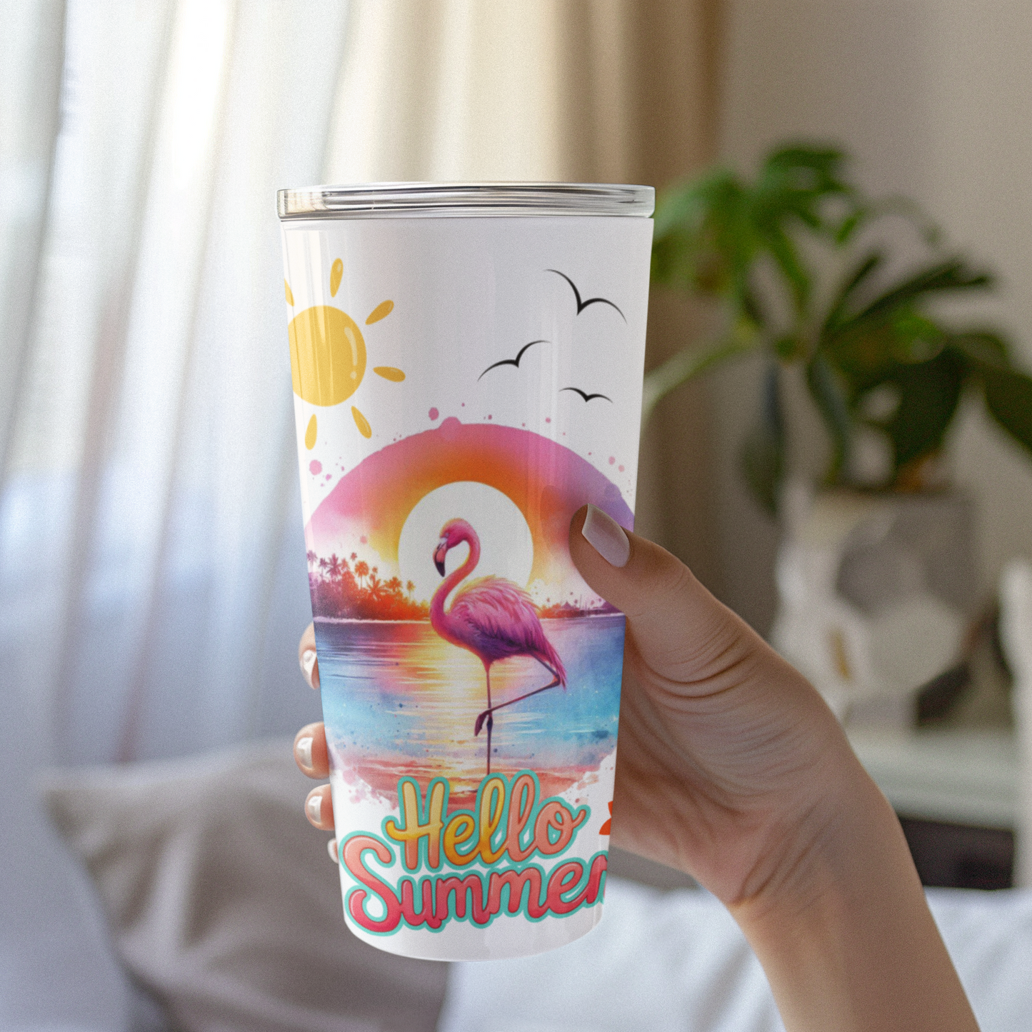 Hello Summer Flamingo Tumbler, Summertime Tropical Tumbler