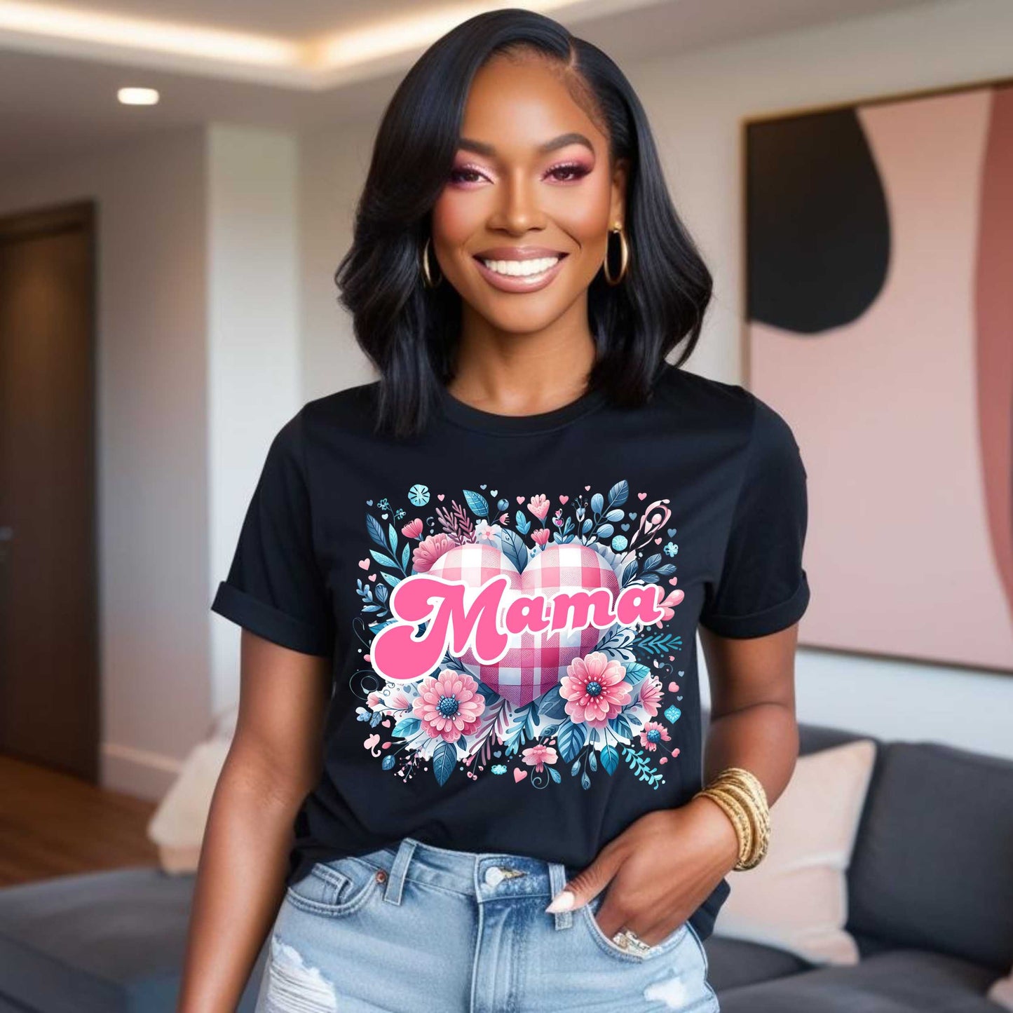 Floral Checkered Mama Shirt, Cute Mama Tee