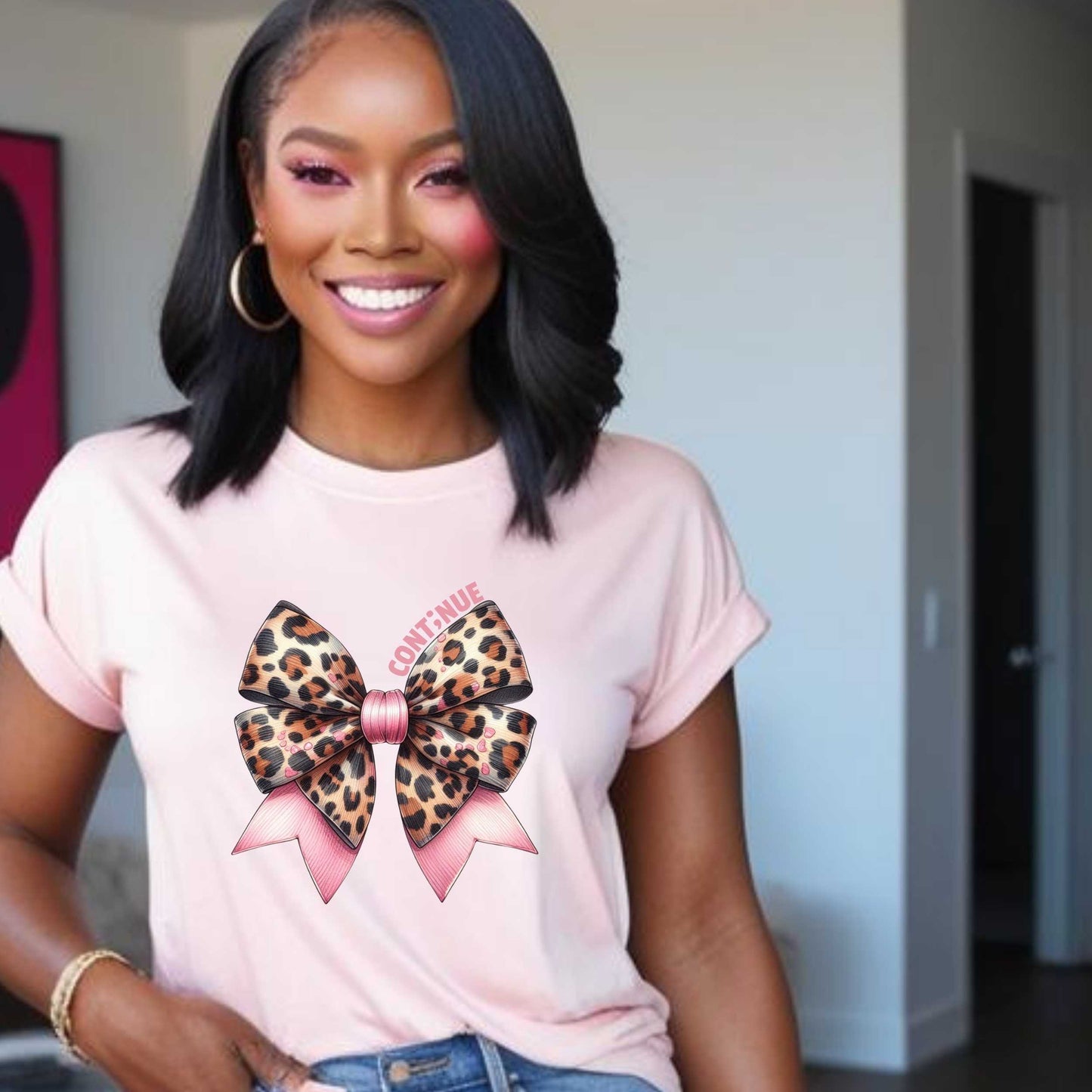 Leopard Print Coquette Bow Tee, Cute Graphic Tee for Women, Mental health awareness shirt