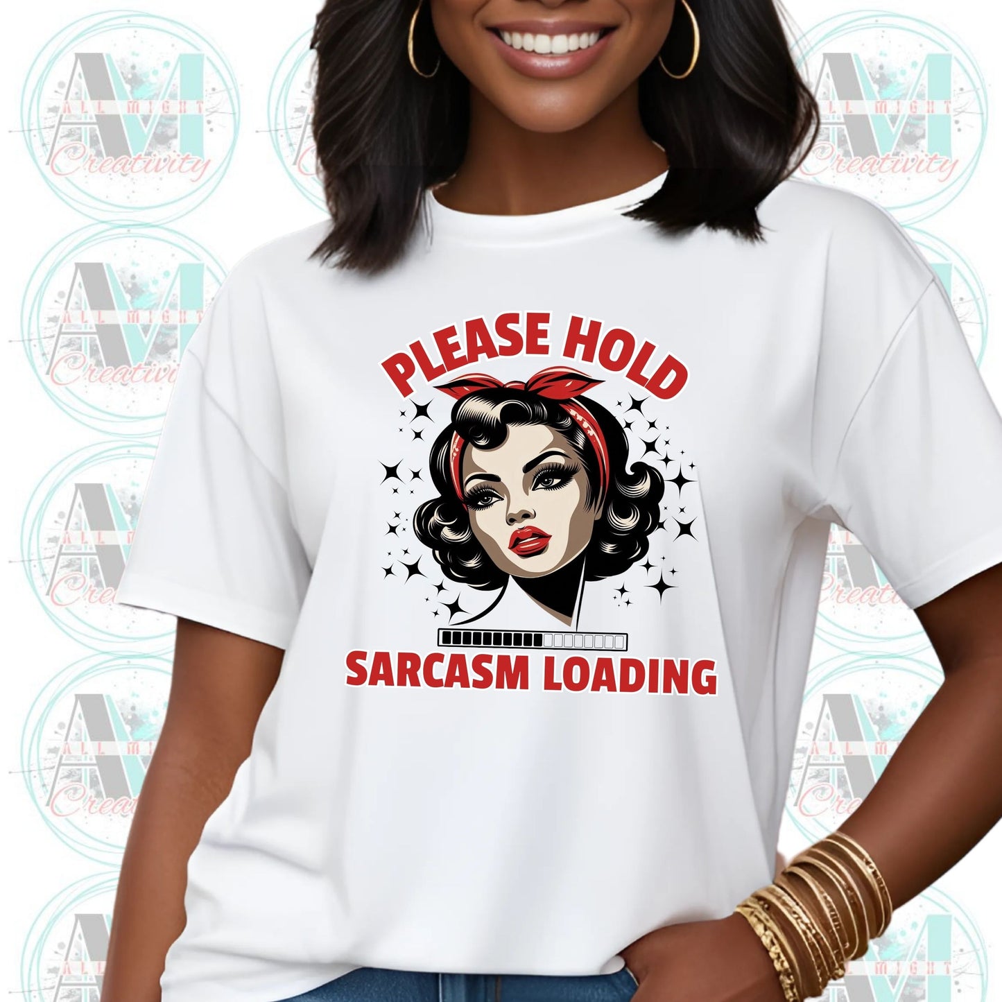 Vintage Sarcasm Loading Tee, Retro Pin-Up Graphic Shirt, Please Hold... Sarcastic Gift