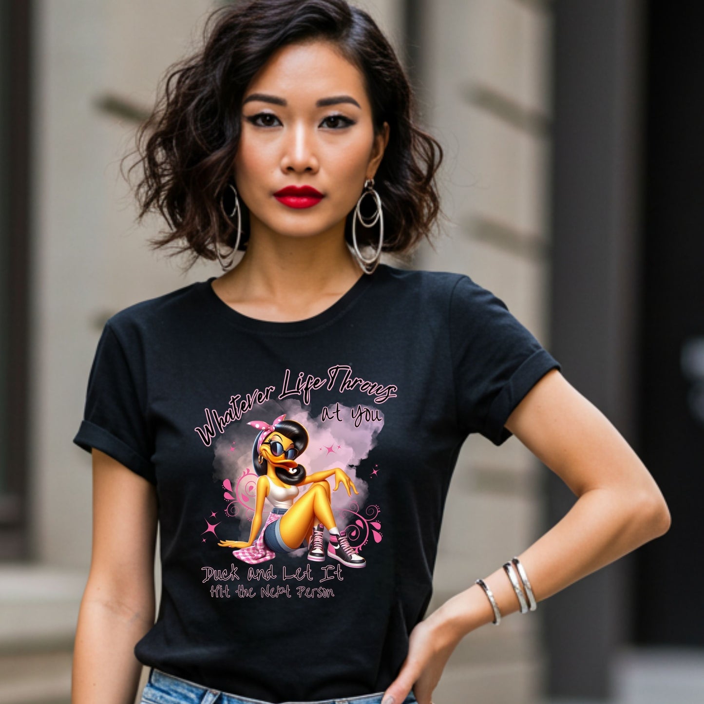 Funny Sassy Duck Graphic Tee, Whatever Life Throws at You, Humorous Quote Shirt