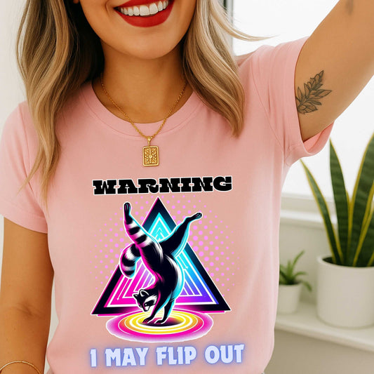 Funny Sarcastic Raccoon Shirt, Warning I May Flip Out Graphic Tee, Animal Humor T-Shirt for Men & Women, Retro Geometric Tee