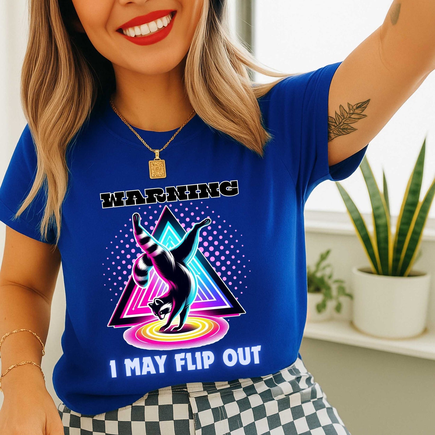 Funny Sarcastic Raccoon Shirt, Warning I May Flip Out Graphic Tee, Animal Humor T-Shirt for Men & Women, Retro Geometric Tee