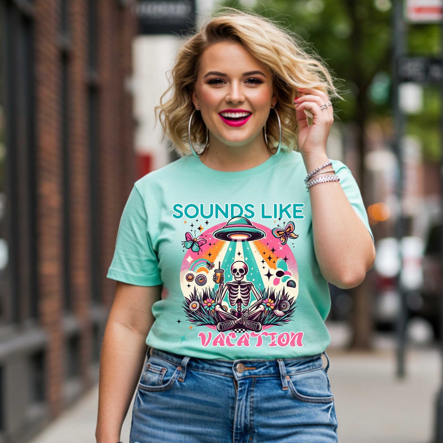 Funny Sarcastic, Sounds Like Vacation, UFO Skeleton Graphic Tee