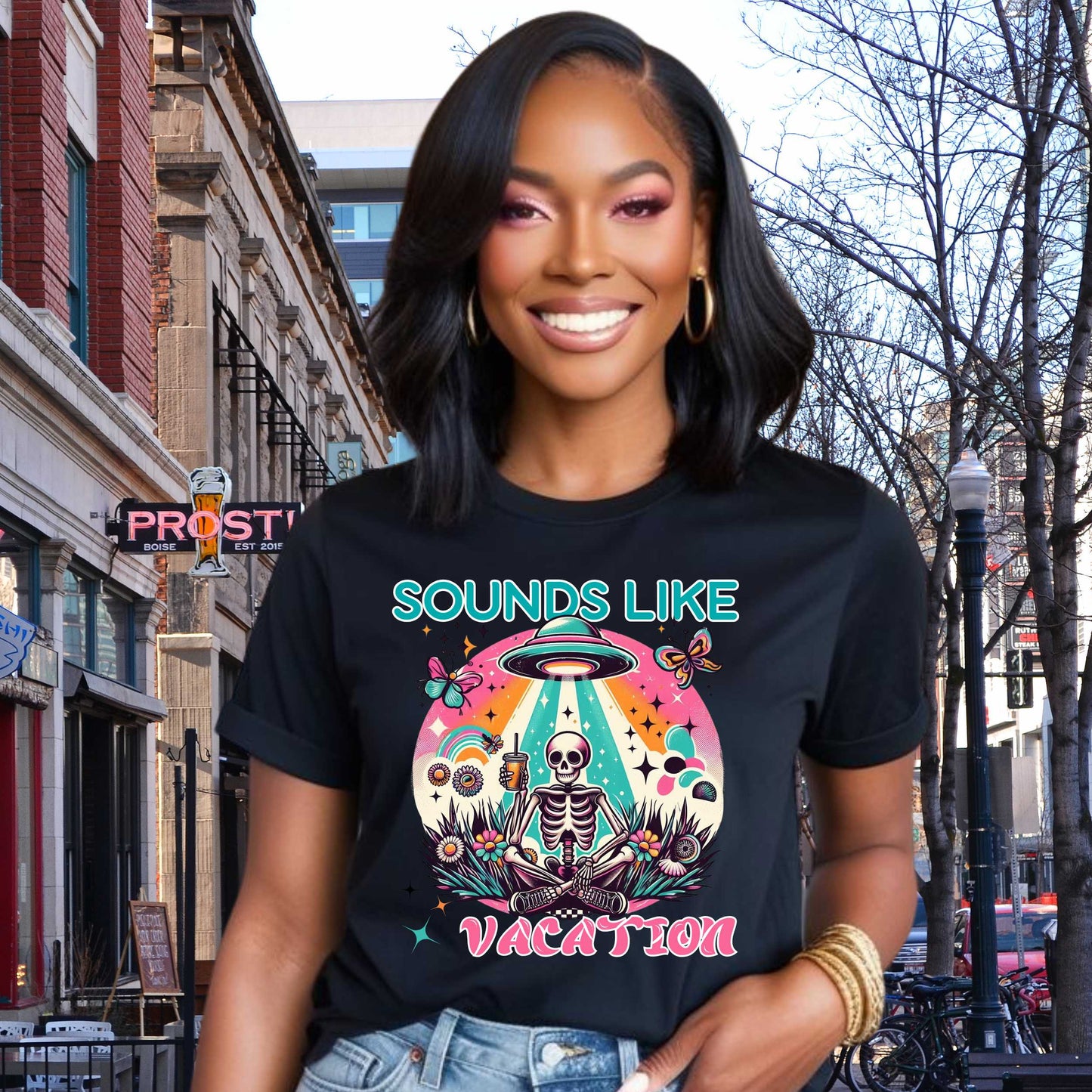 Funny Sarcastic, Sounds Like Vacation, UFO Skeleton Graphic Tee