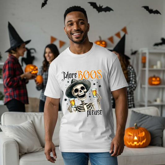 Funny Sarcastic Halloween Skeleton Pun T-Shirt, More Boos Please Shirt, Dad Joke Apparel