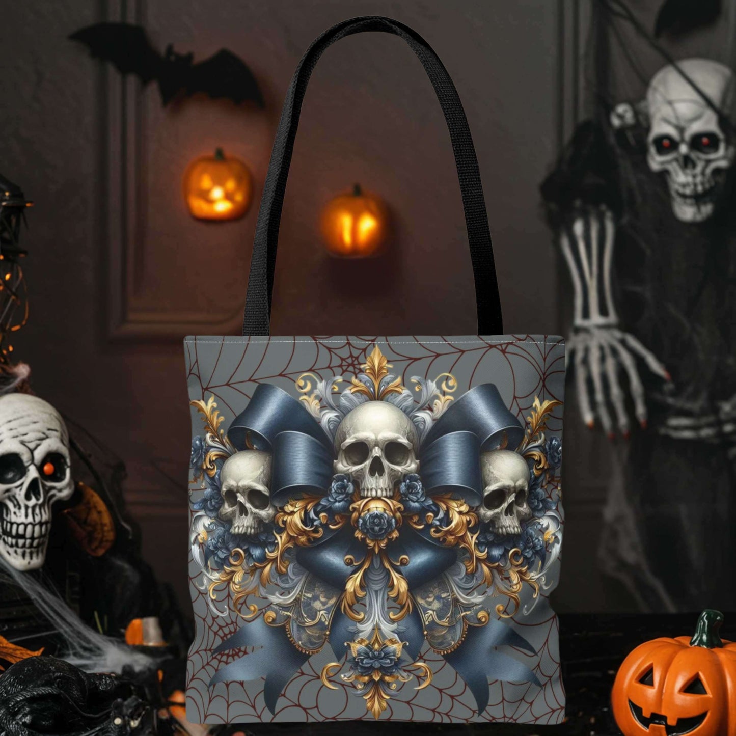 Elegant Skull & Ribbon Halloween Tote Bag – Gothic Glam Reusable Trick-or-Treat Bag