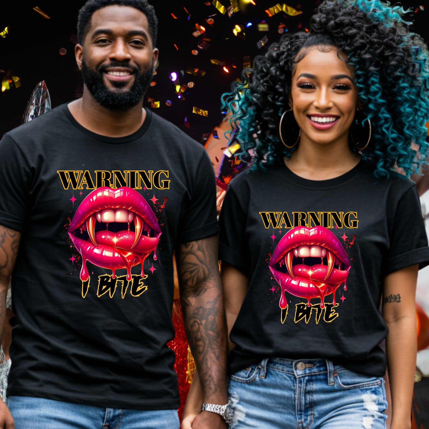 Funny Sarcastic Vampire Lips Halloween Shirt, Warning I Bite Graphic Tee
