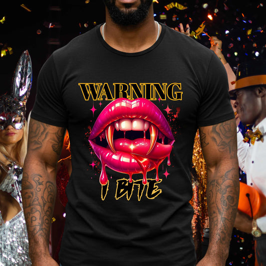 Funny Sarcastic Vampire Lips Halloween Shirt, Warning I Bite Graphic Tee