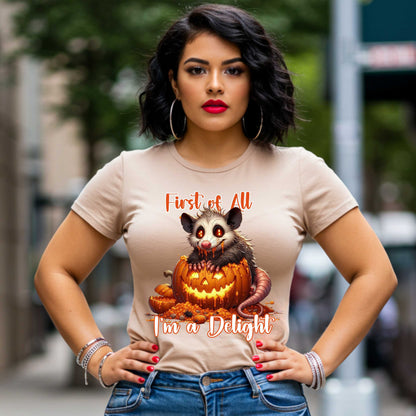 Funny Unhinged Raccoon Halloween Shirt, First of All, I'm a Delight, Spooky Cute Sarcastic Tee