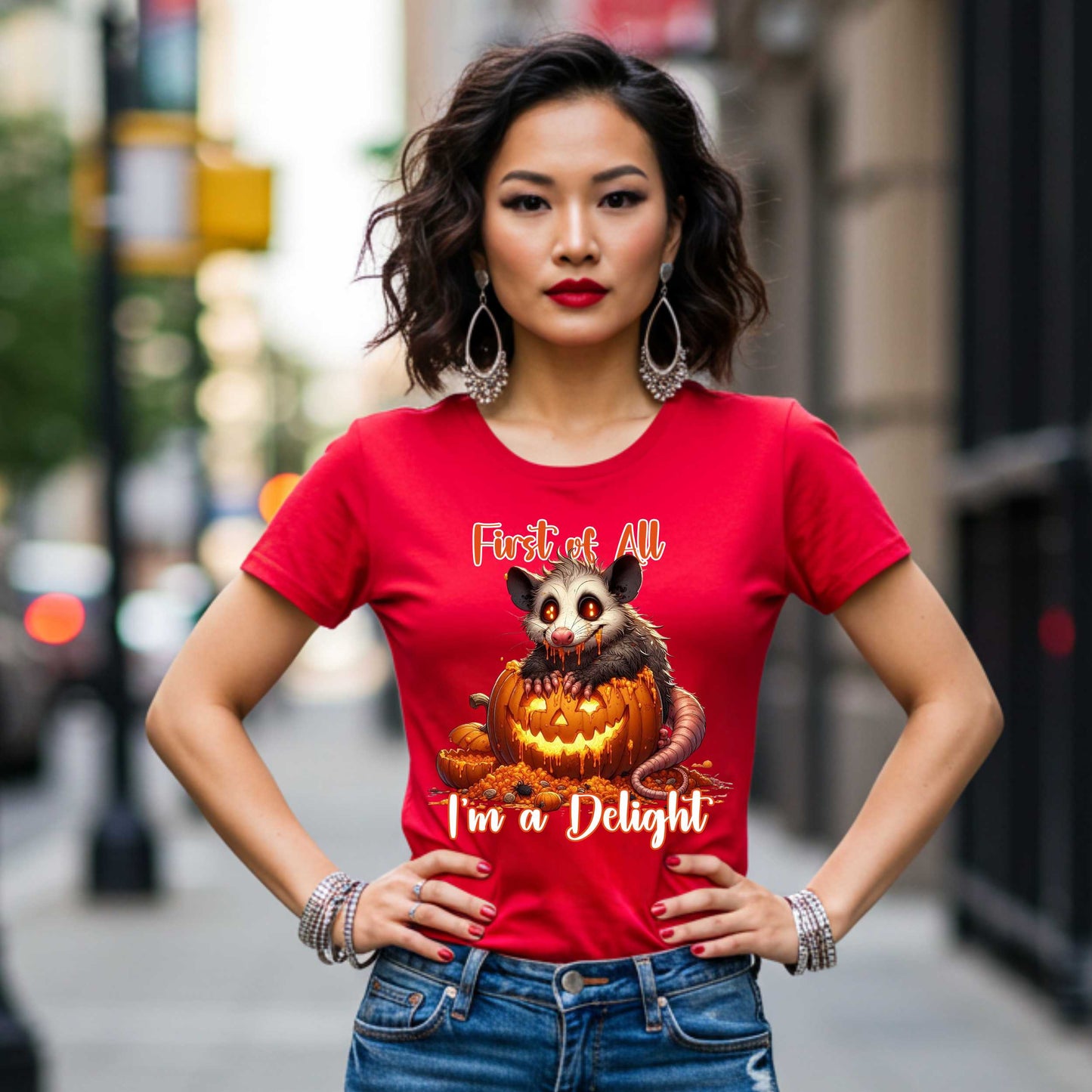 Funny Unhinged Raccoon Halloween Shirt, First of All, I'm a Delight, Spooky Cute Sarcastic Tee