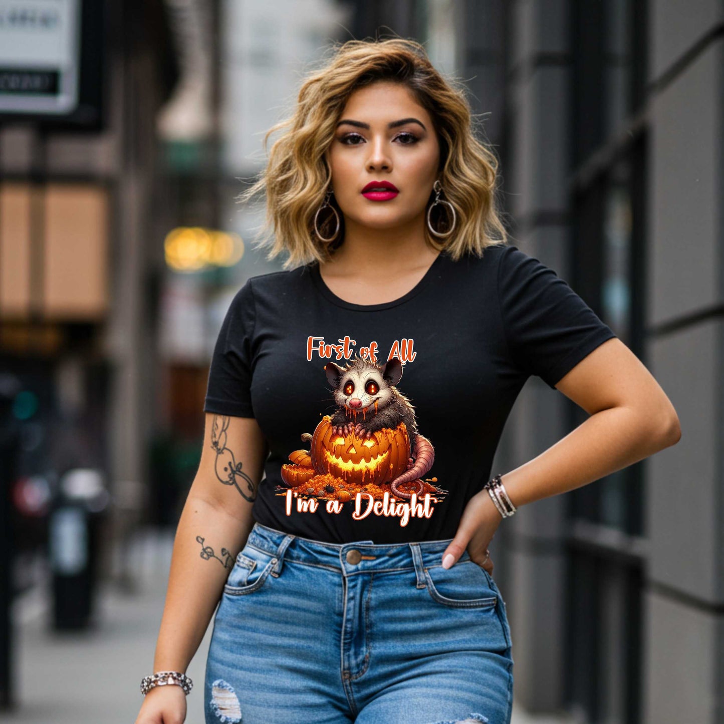 Funny Unhinged Raccoon Halloween Shirt, First of All, I'm a Delight, Spooky Cute Sarcastic Tee