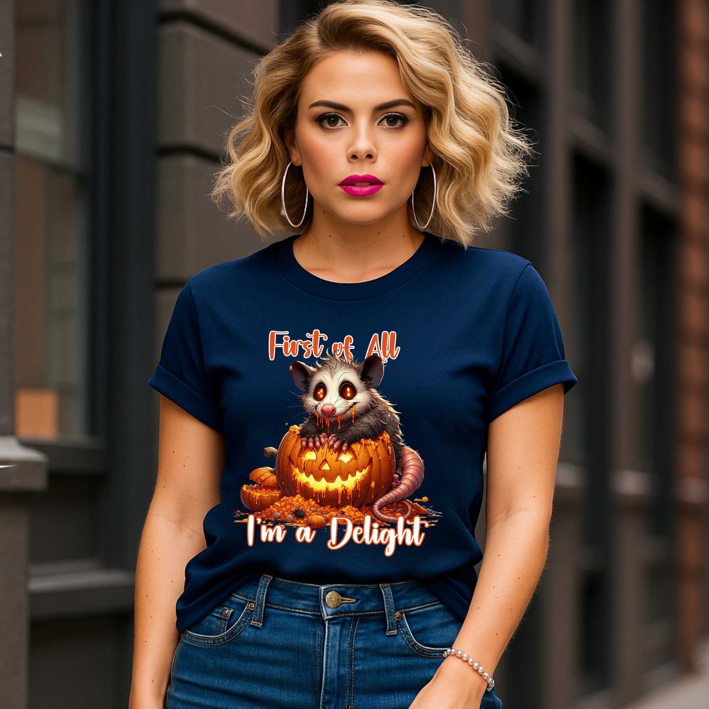 Funny Unhinged Raccoon Halloween Shirt, First of All, I'm a Delight, Spooky Cute Sarcastic Tee