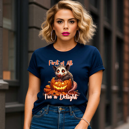 Funny Unhinged Raccoon Halloween Shirt, First of All, I'm a Delight, Spooky Cute Sarcastic Tee