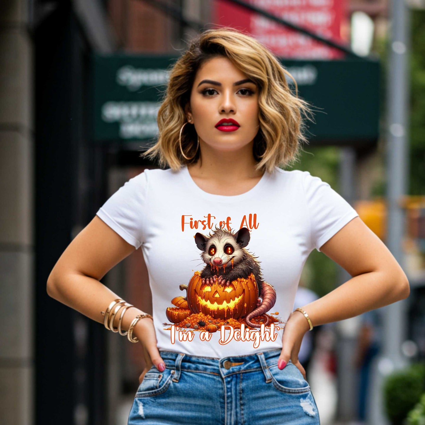 Funny Unhinged Raccoon Halloween Shirt, First of All, I'm a Delight, Spooky Cute Sarcastic Tee