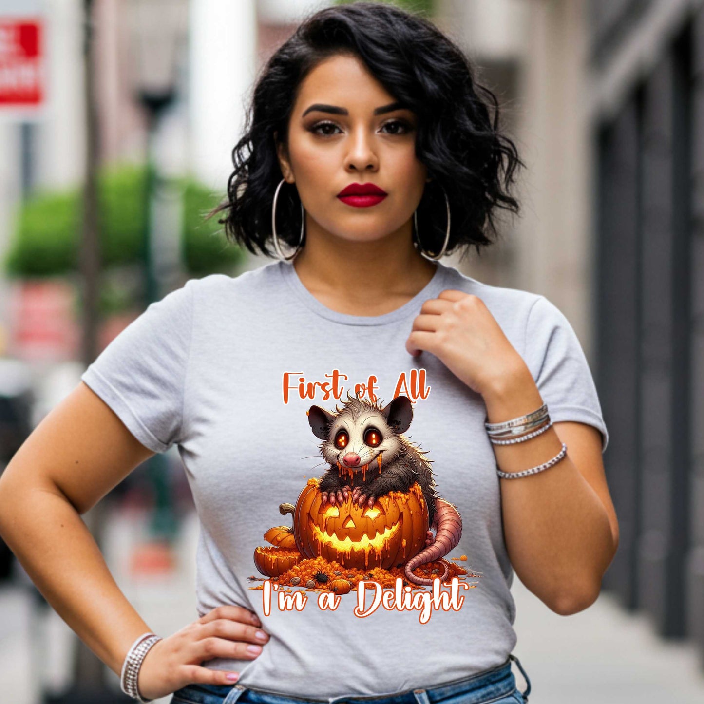 Funny Unhinged Raccoon Halloween Shirt, First of All, I'm a Delight, Spooky Cute Sarcastic Tee