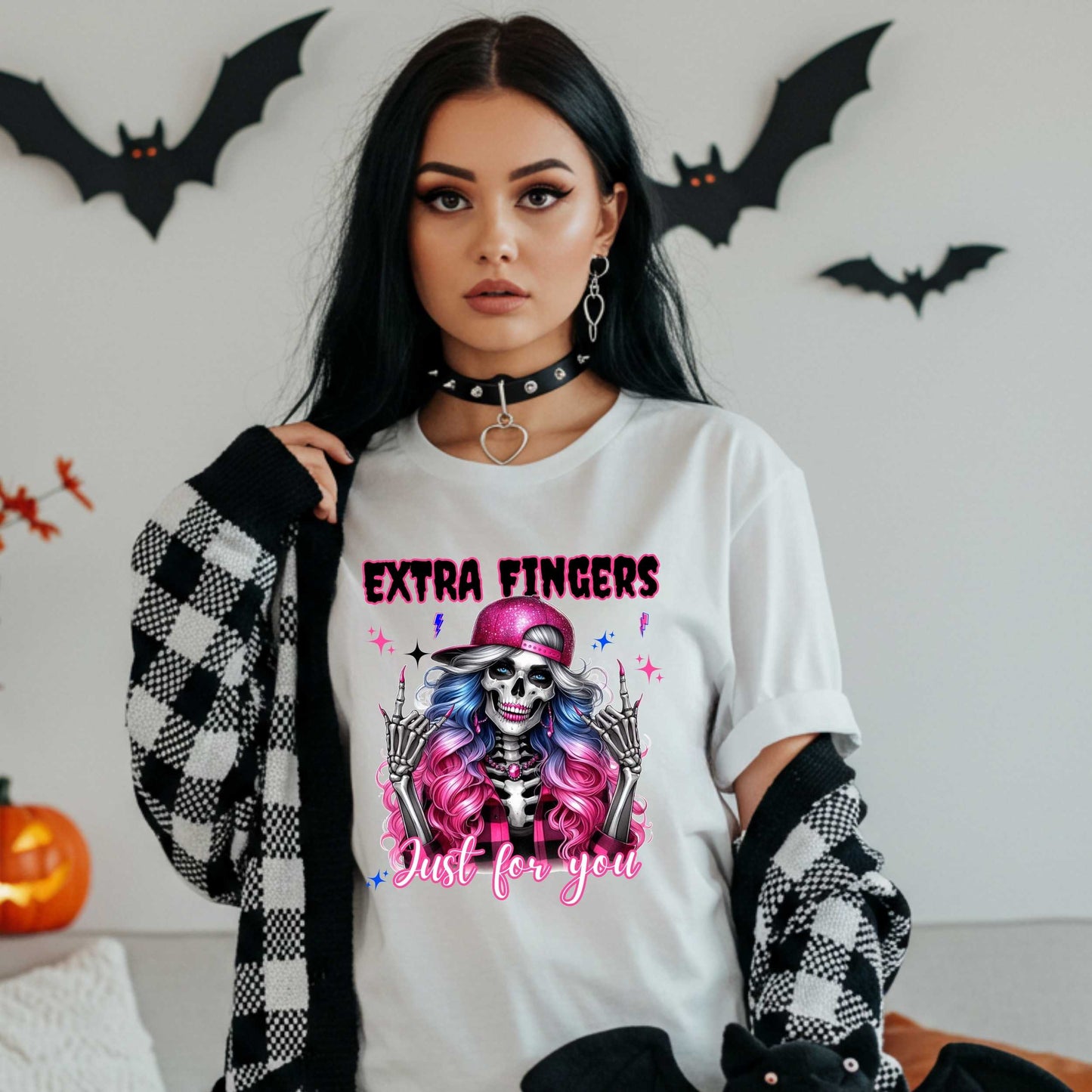 Gothic Graphic Tee, Funny Skeleton Shirt, Extra Fingers Just for You, Sarcastic Halloween Graphic Tee