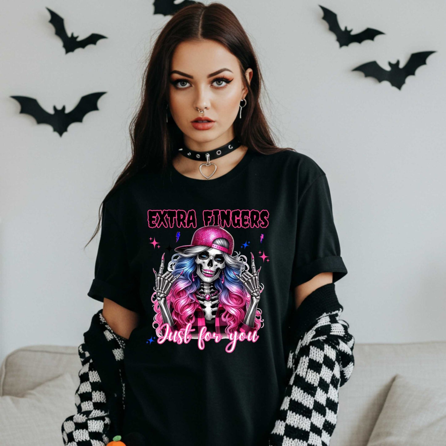 Gothic Graphic Tee, Funny Skeleton Shirt, Extra Fingers Just for You, Sarcastic Halloween Graphic Tee