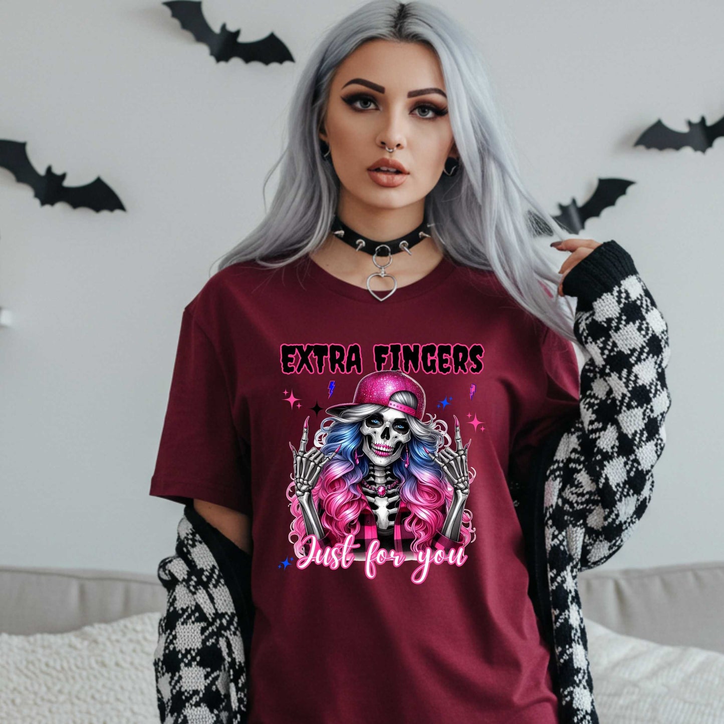 Gothic Graphic Tee, Funny Skeleton Shirt, Extra Fingers Just for You, Sarcastic Halloween Graphic Tee