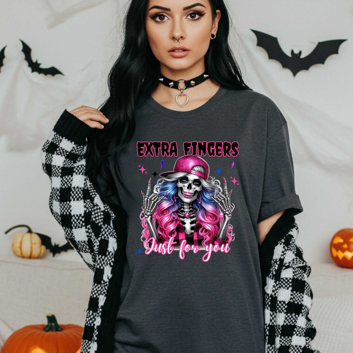 Gothic Graphic Tee, Funny Skeleton Shirt, Extra Fingers Just for You, Sarcastic Halloween Graphic Tee
