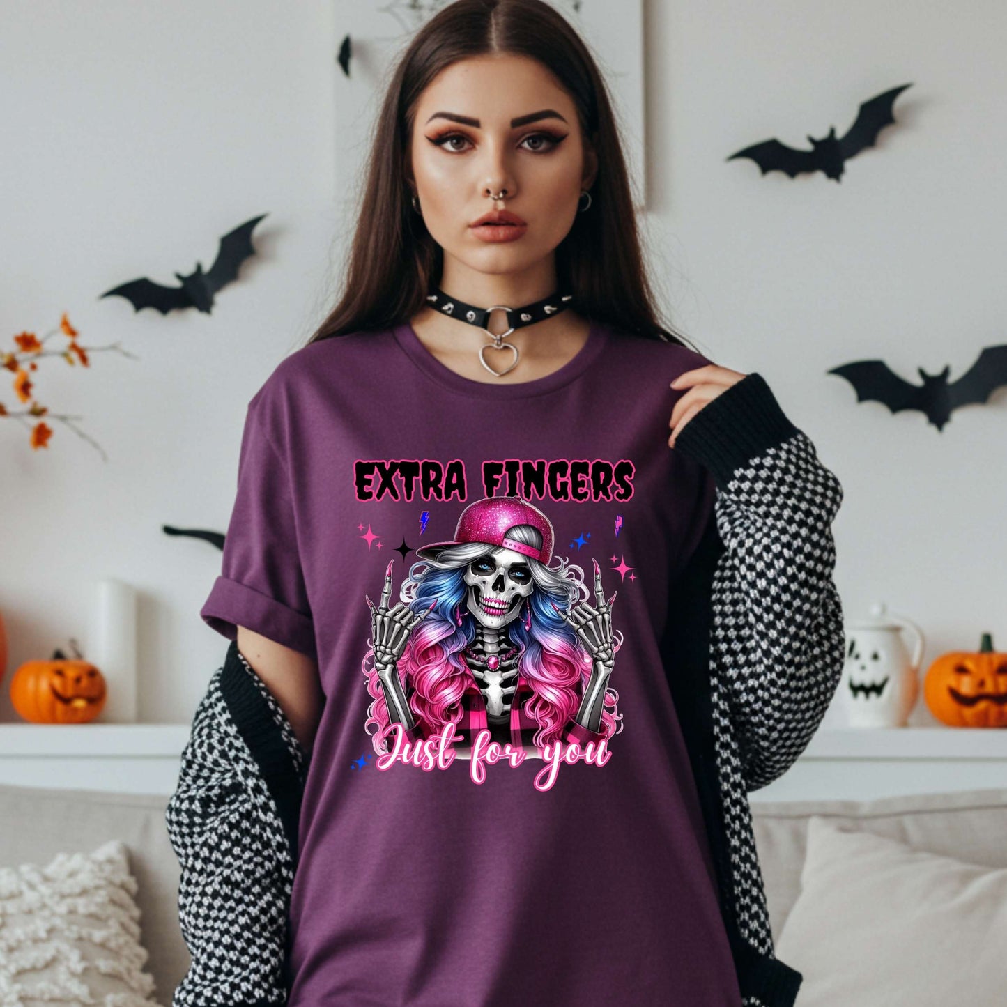Gothic Graphic Tee, Funny Skeleton Shirt, Extra Fingers Just for You, Sarcastic Halloween Graphic Tee