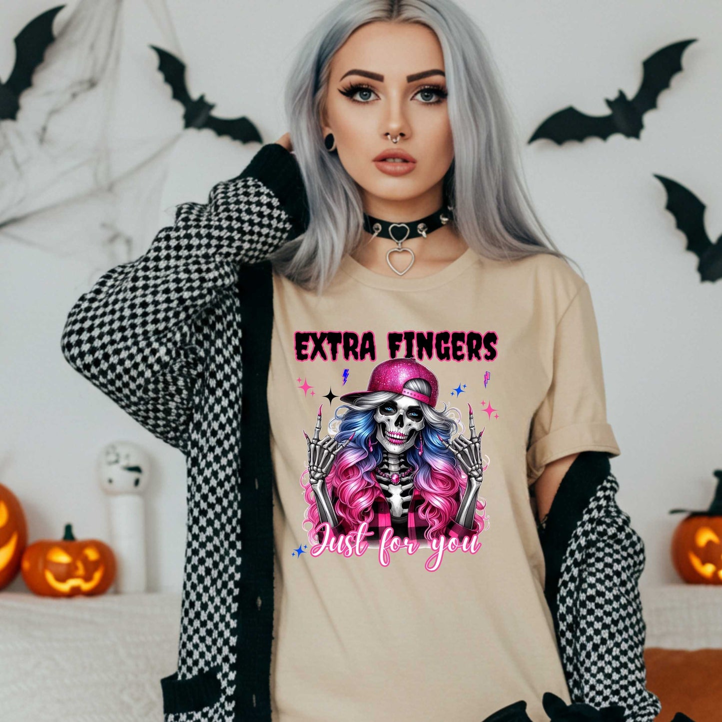 Gothic Graphic Tee, Funny Skeleton Shirt, Extra Fingers Just for You, Sarcastic Halloween Graphic Tee