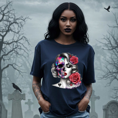 Latina Sugar Skull Shirt, Gothic Pinup Skull Graphic Shirt for Halloween