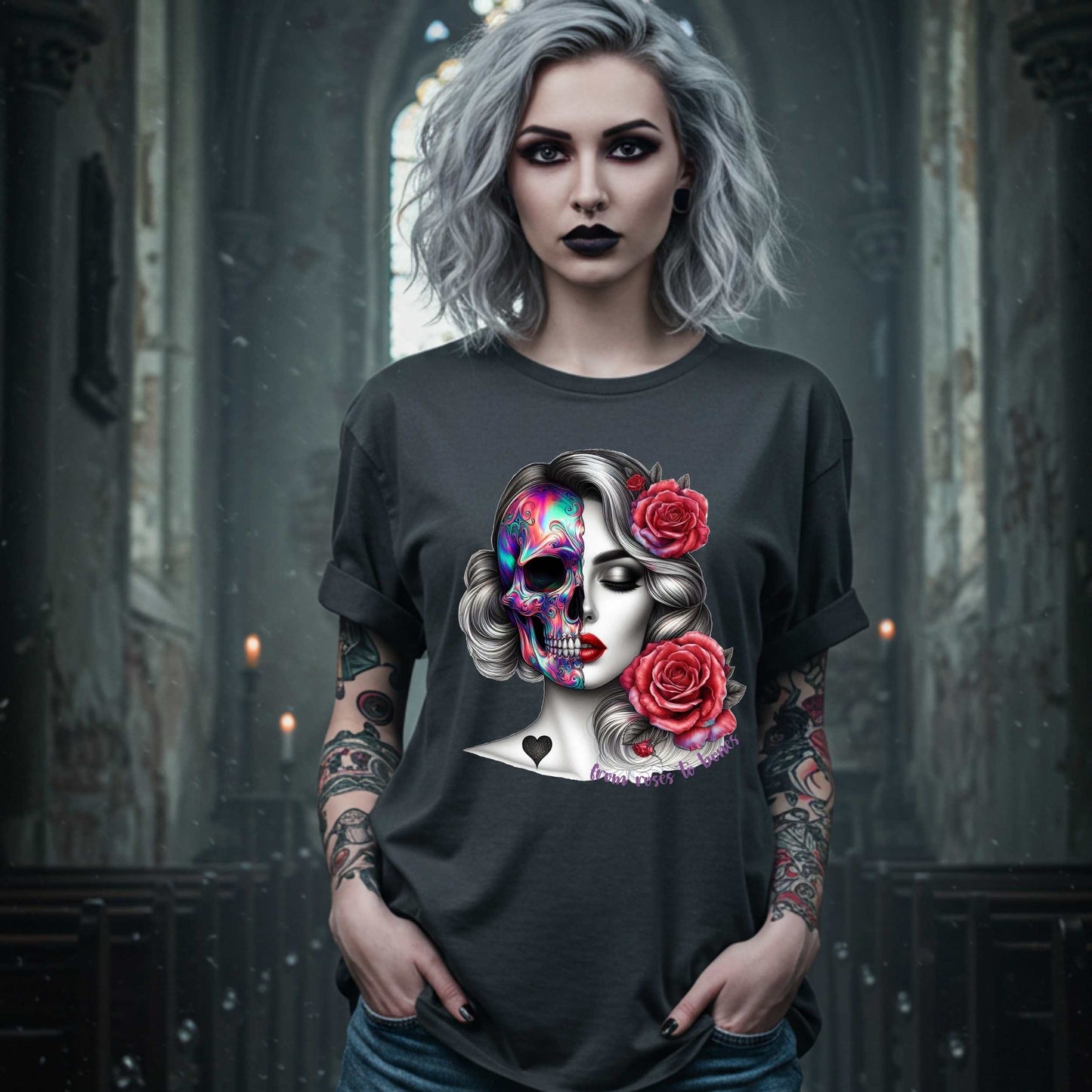 Latina Sugar Skull Shirt, Gothic Pinup Skull Graphic Shirt for Halloween