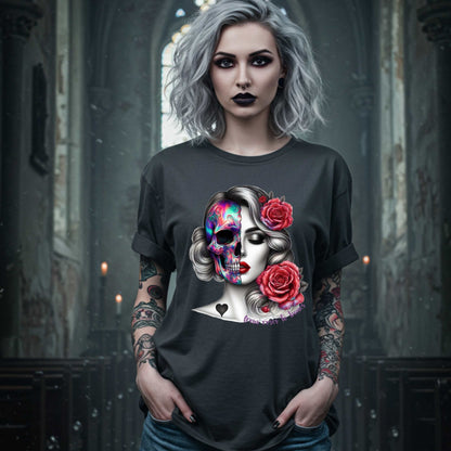 Latina Sugar Skull Shirt, Gothic Pinup Skull Graphic Shirt for Halloween
