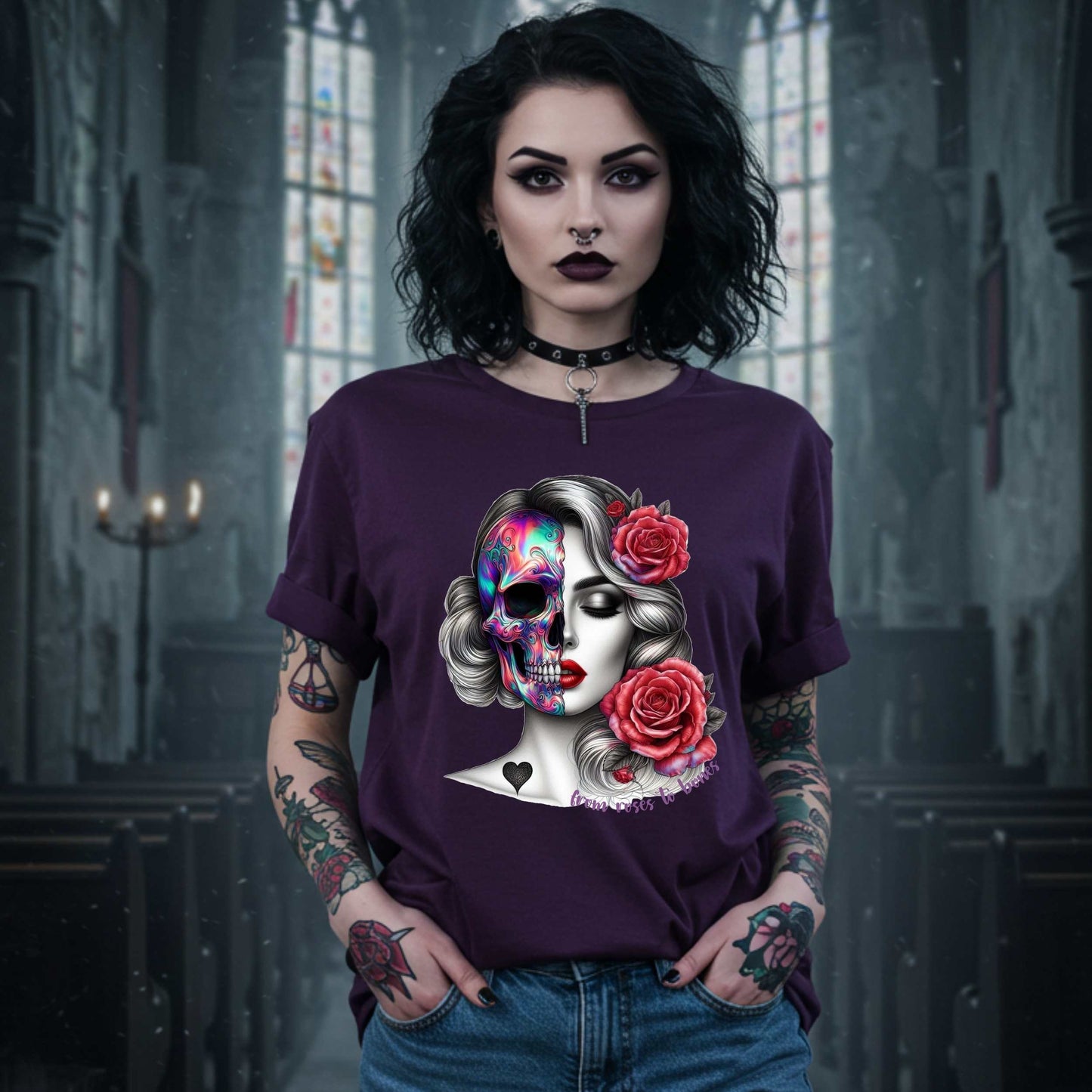 Latina Sugar Skull Shirt, Gothic Pinup Skull Graphic Shirt for Halloween