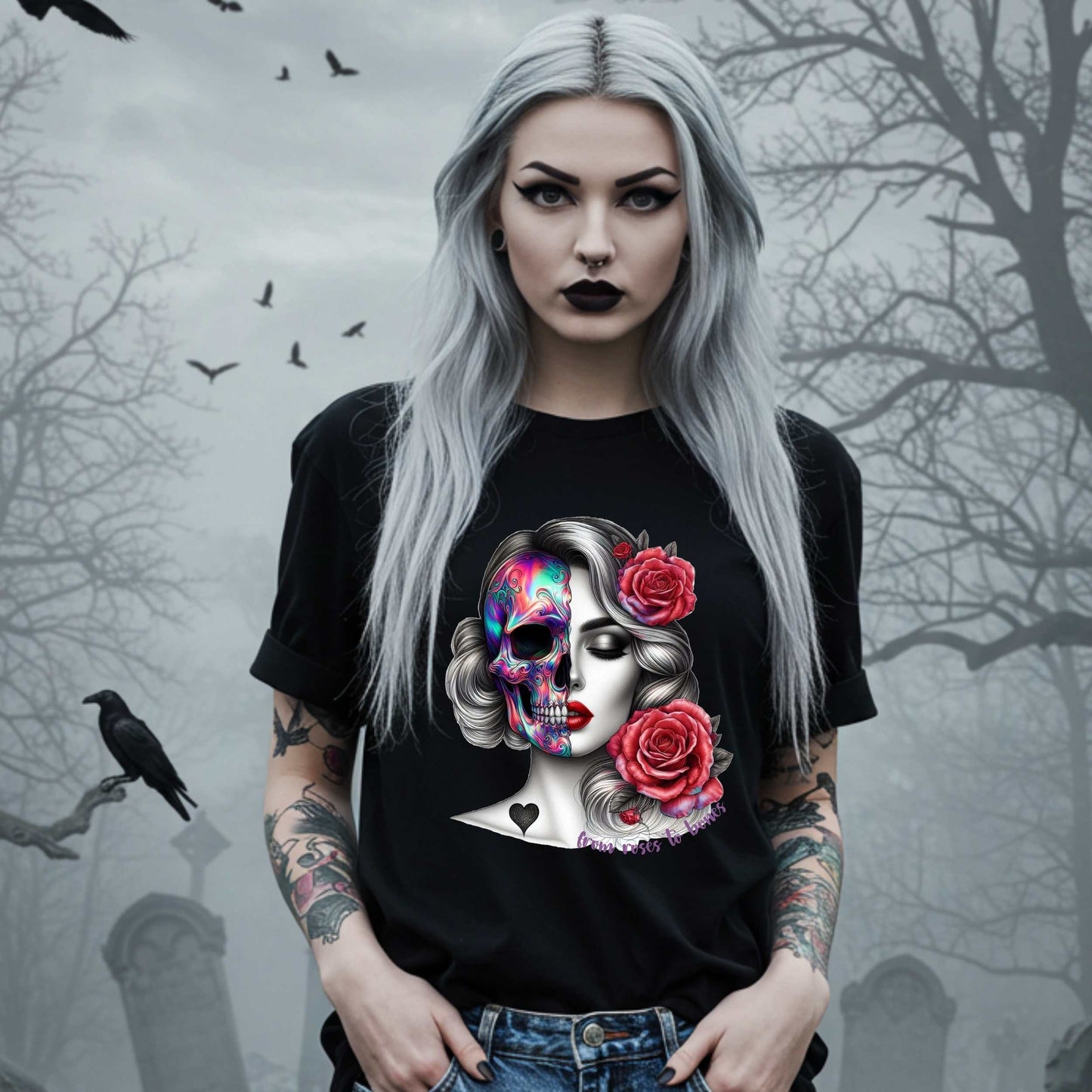 Latina Sugar Skull Shirt, Gothic Pinup Skull Graphic Shirt for Halloween