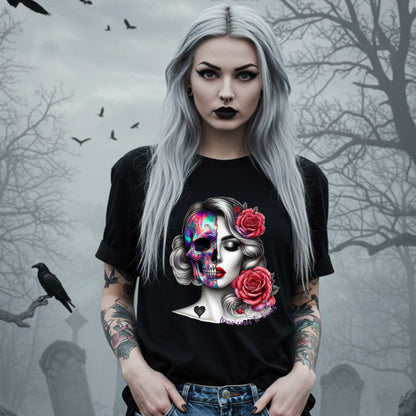 Latina Sugar Skull Shirt, Gothic Pinup Skull Graphic Shirt for Halloween