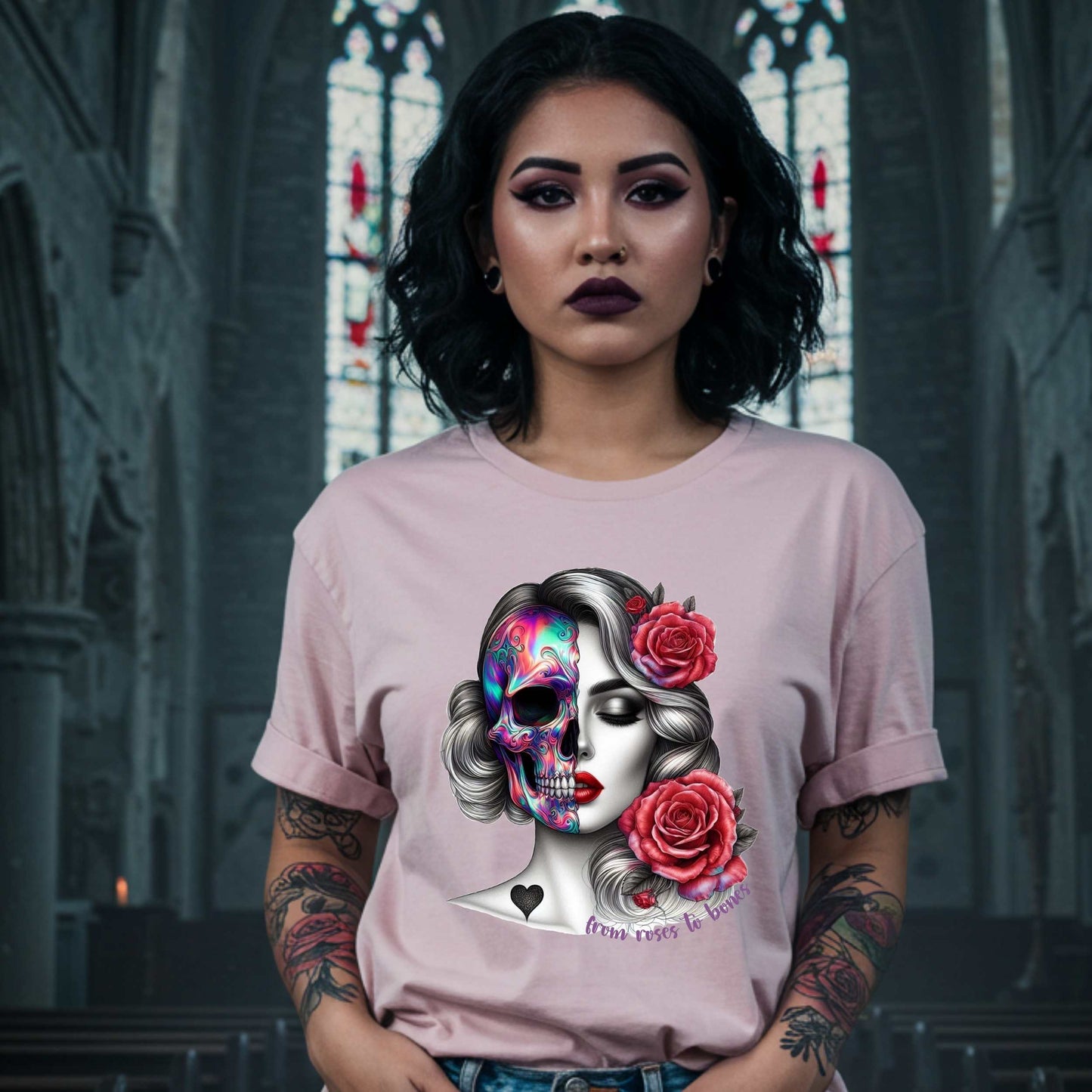 Latina Sugar Skull Shirt, Gothic Pinup Skull Graphic Shirt for Halloween