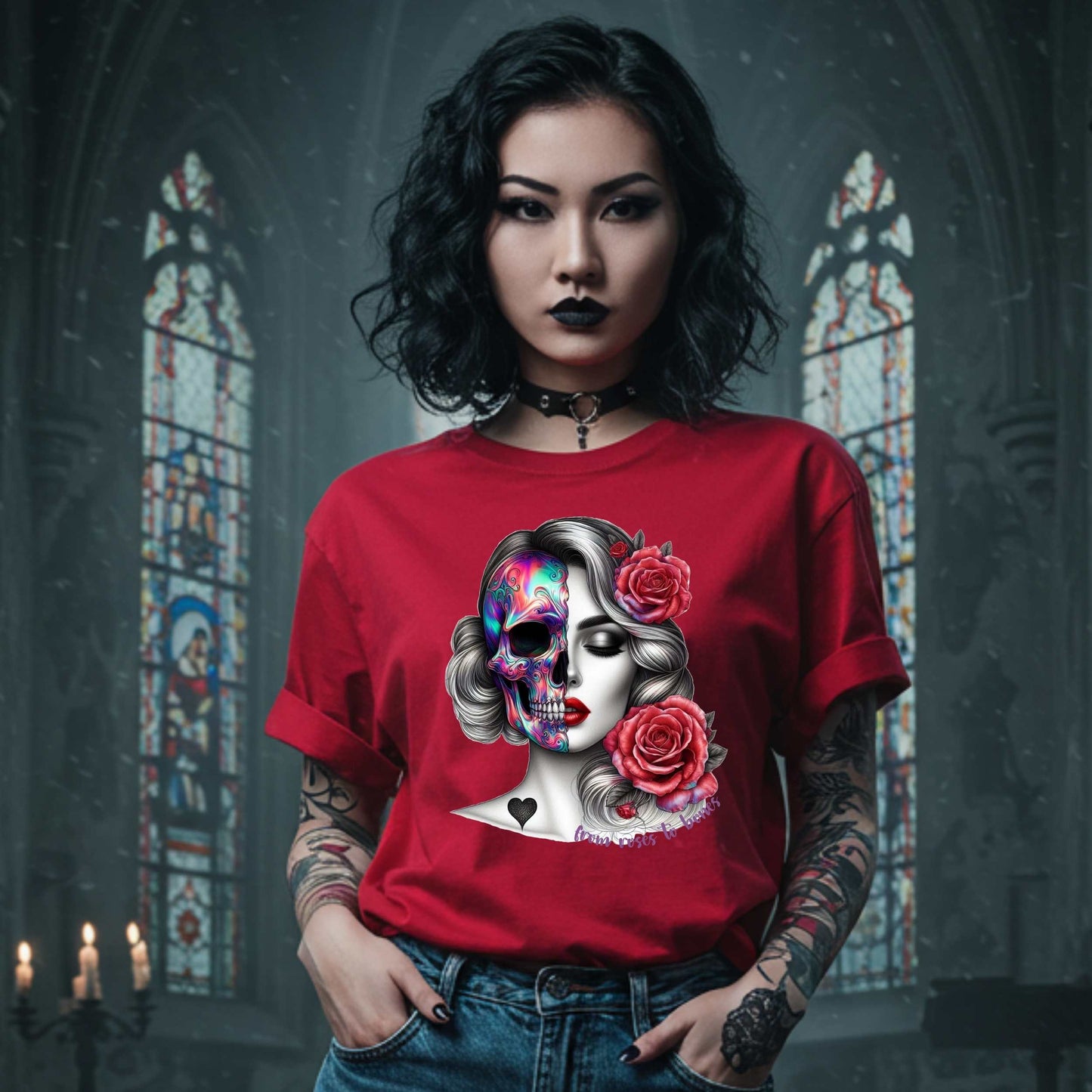 Latina Sugar Skull Shirt, Gothic Pinup Skull Graphic Shirt for Halloween