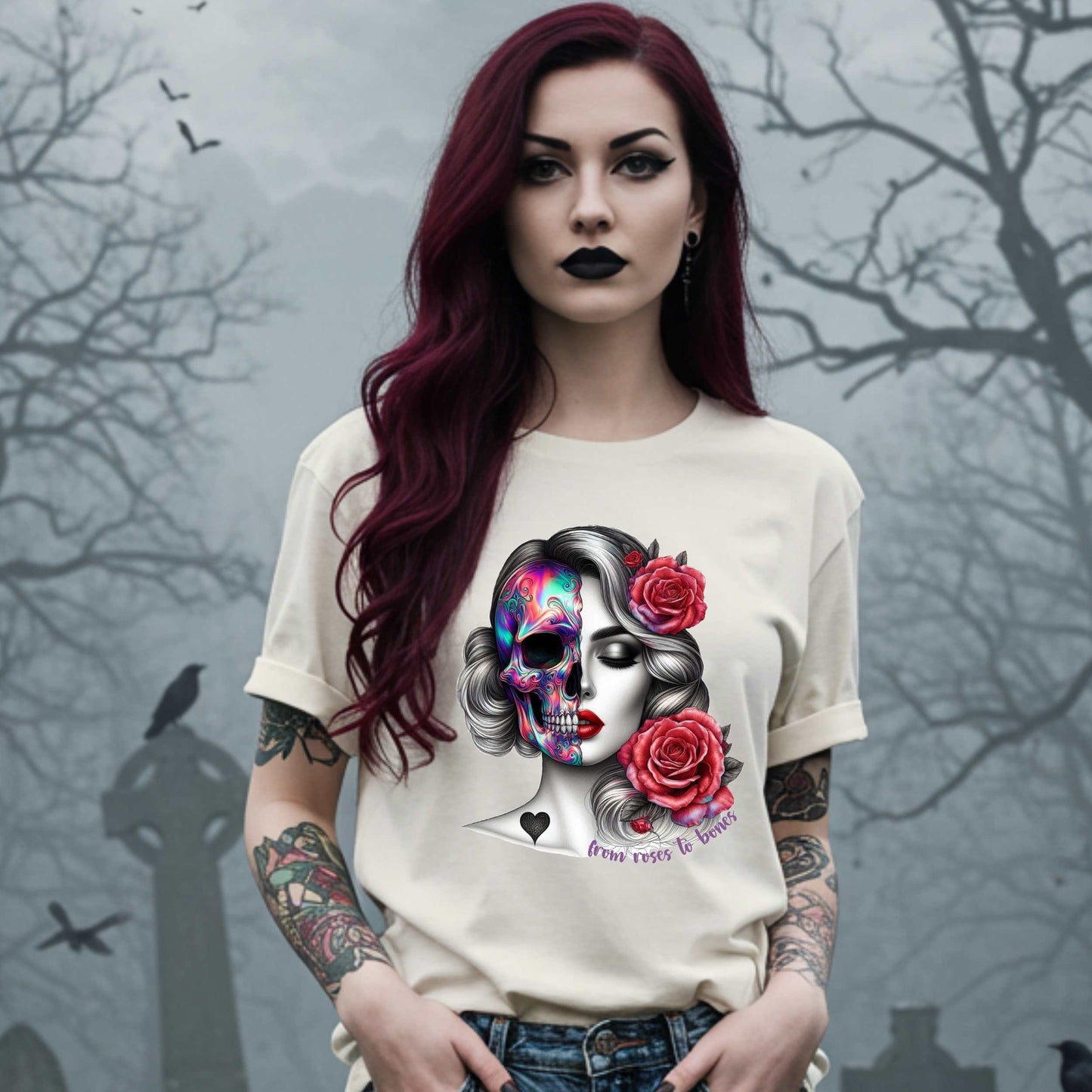 Latina Sugar Skull Shirt, Gothic Pinup Skull Graphic Shirt for Halloween