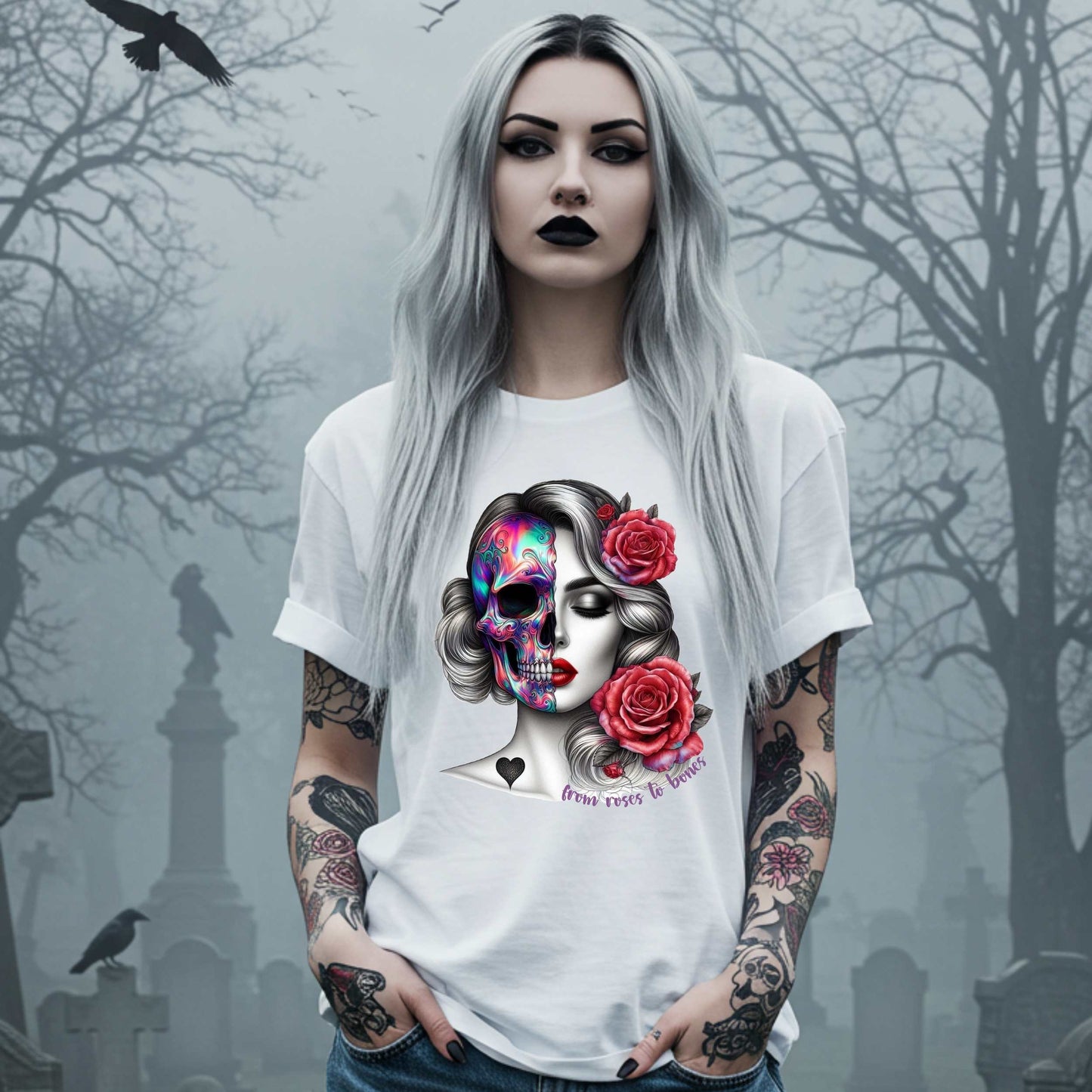 Latina Sugar Skull Shirt, Gothic Pinup Skull Graphic Shirt for Halloween