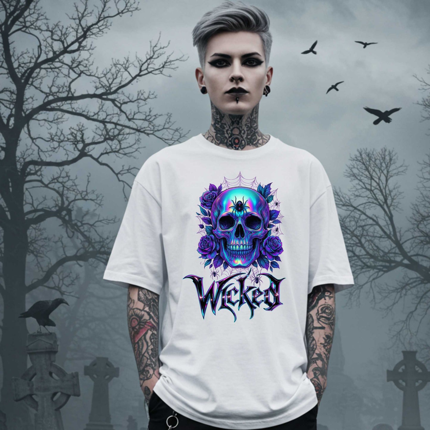 Wicked Gothic Sugar Skull Shirt for Halloween, Iridescent Skull Edgy Halloween Graphic T Shirt