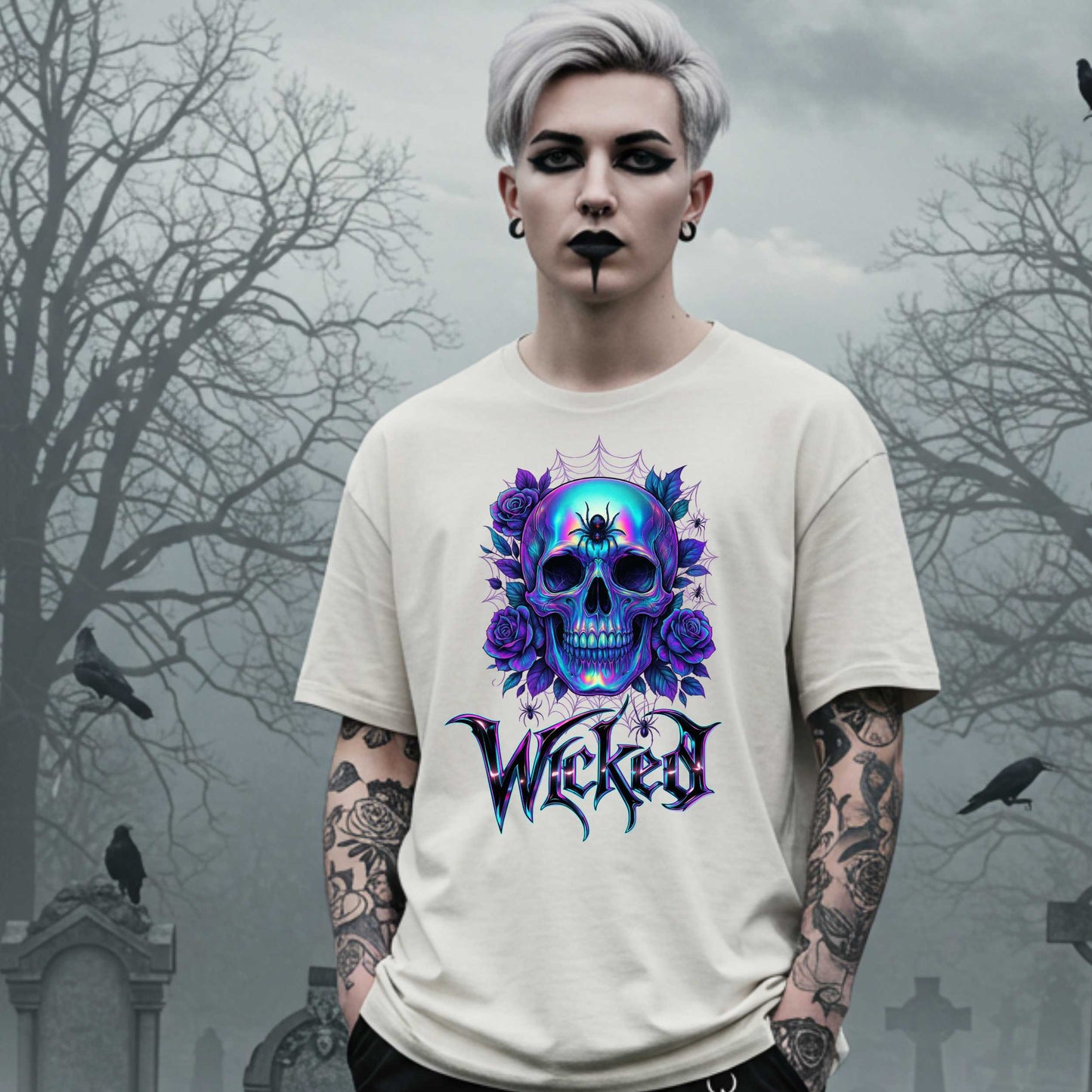 Wicked Gothic Sugar Skull Shirt for Halloween, Iridescent Skull Edgy Halloween Graphic T Shirt