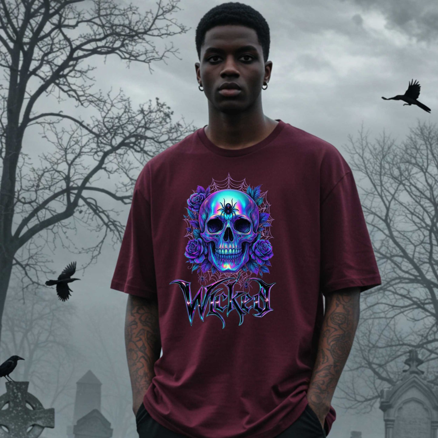 Wicked Gothic Sugar Skull Shirt for Halloween, Iridescent Skull Edgy Halloween Graphic T Shirt