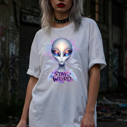 Channel your inner cosmic weirdo with this bold Alien Stay Weird graphic tee. Designed for the unapologetically different, this spacey shirt features an ethereal extraterrestrial with galaxy eyes and major interdimensional energy. 