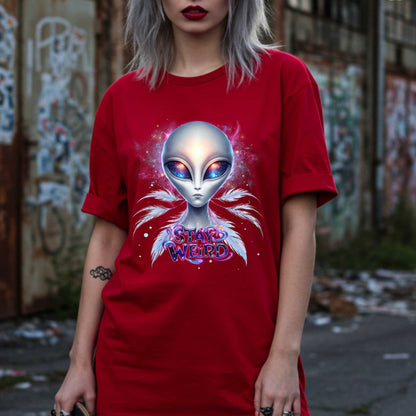 Channel your inner cosmic weirdo with this bold Alien Stay Weird graphic tee. Designed for the unapologetically different, this spacey shirt features an ethereal extraterrestrial with galaxy eyes and major interdimensional energy. 