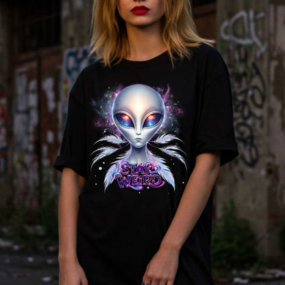 Channel your inner cosmic weirdo with this bold Alien Stay Weird graphic tee. Designed for the unapologetically different, this spacey shirt features an ethereal extraterrestrial with galaxy eyes and major interdimensional energy. 