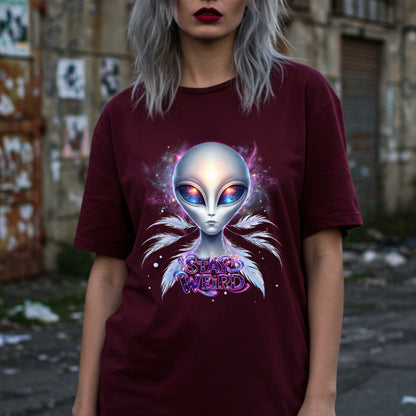 Channel your inner cosmic weirdo with this bold Alien Stay Weird graphic tee. Designed for the unapologetically different, this spacey shirt features an ethereal extraterrestrial with galaxy eyes and major interdimensional energy. 