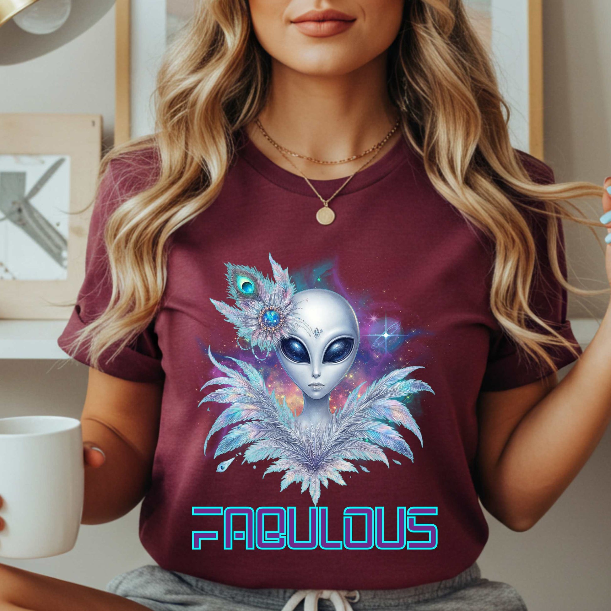 You weren’t born to blend in—you were beamed down to stand out. This Alien Fabulous shirt is serving intergalactic attitude with peacock feathers, cosmic sparkle, and extraterrestrial elegance that screams, “Not of this planet, and clearly not of this basic energy.” 