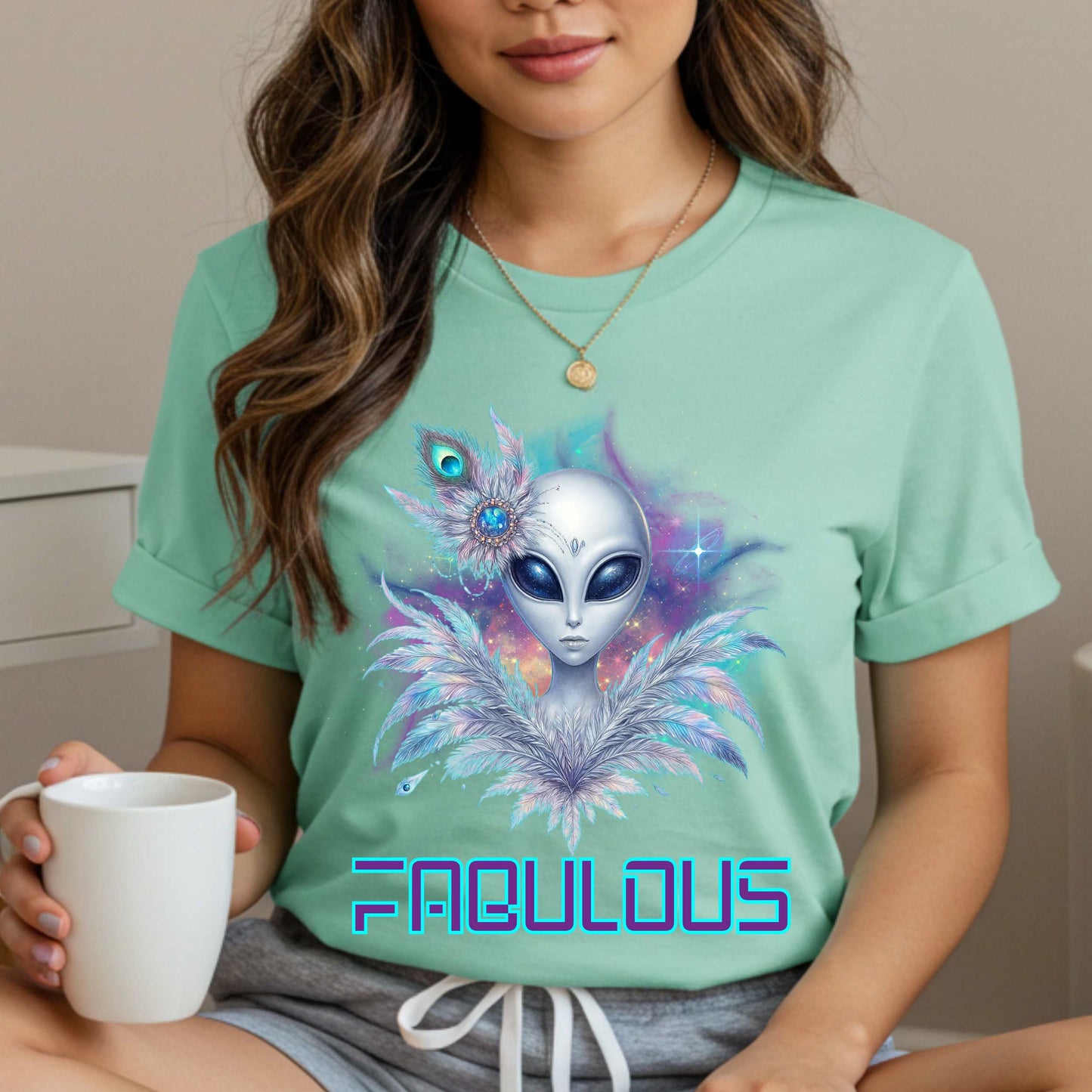 You weren’t born to blend in—you were beamed down to stand out. This Alien Fabulous shirt is serving intergalactic attitude with peacock feathers, cosmic sparkle, and extraterrestrial elegance that screams, “Not of this planet, and clearly not of this basic energy.” 
