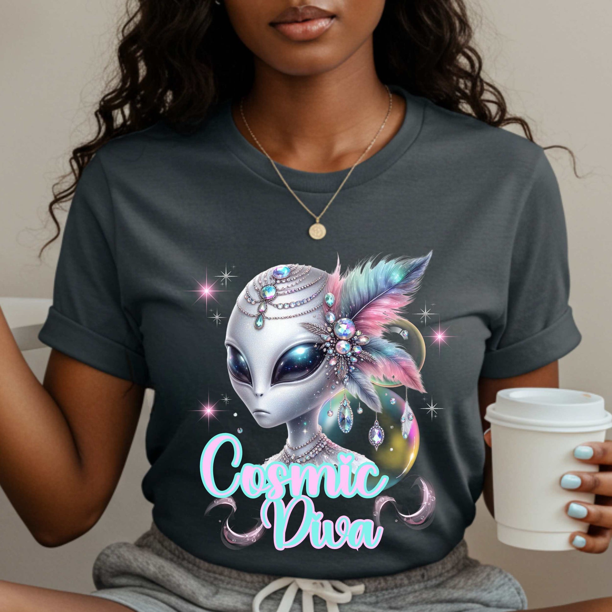 Step aside, Earthlings—the ultimate Cosmic Diva has landed, and she’s serving intergalactic slay. This alien graphic tee is perfect for space queens who shimmer brighter than a supernova and accessorize like they’re headed to a Martian Met Gala. With dazzling jewel tones, feathers, and fierce alien energy, this galaxy glam shirt is your ticket to extraterrestrial fabulousness. 