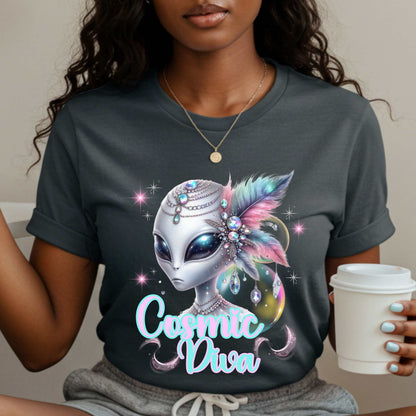 Step aside, Earthlings—the ultimate Cosmic Diva has landed, and she’s serving intergalactic slay. This alien graphic tee is perfect for space queens who shimmer brighter than a supernova and accessorize like they’re headed to a Martian Met Gala. With dazzling jewel tones, feathers, and fierce alien energy, this galaxy glam shirt is your ticket to extraterrestrial fabulousness. 