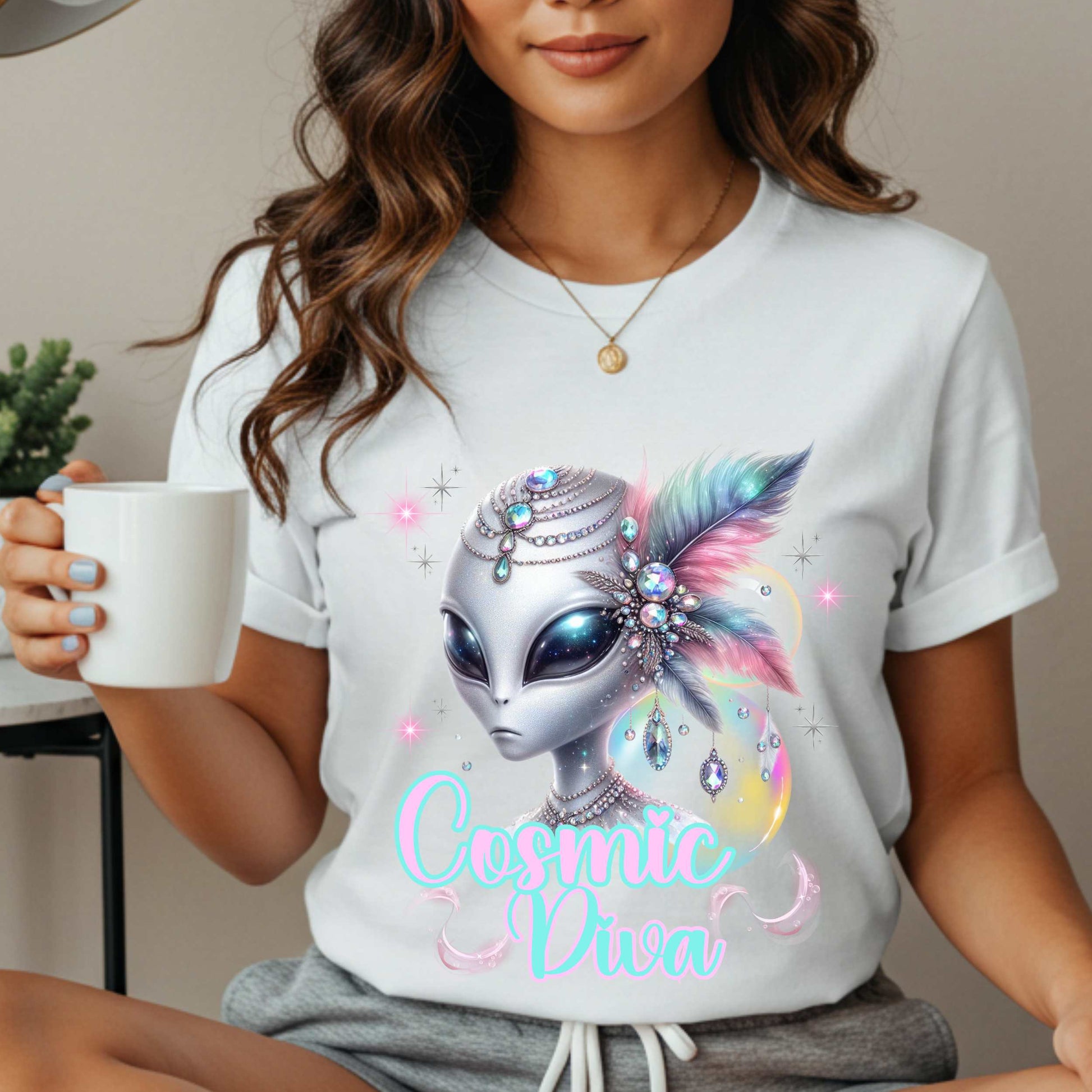 Step aside, Earthlings—the ultimate Cosmic Diva has landed, and she’s serving intergalactic slay. This alien graphic tee is perfect for space queens who shimmer brighter than a supernova and accessorize like they’re headed to a Martian Met Gala. With dazzling jewel tones, feathers, and fierce alien energy, this galaxy glam shirt is your ticket to extraterrestrial fabulousness. 