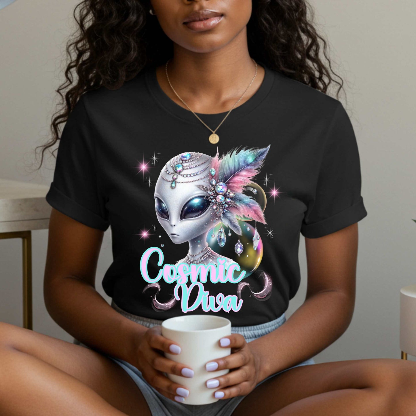 Step aside, Earthlings—the ultimate Cosmic Diva has landed, and she’s serving intergalactic slay. This alien graphic tee is perfect for space queens who shimmer brighter than a supernova and accessorize like they’re headed to a Martian Met Gala. With dazzling jewel tones, feathers, and fierce alien energy, this galaxy glam shirt is your ticket to extraterrestrial fabulousness. 