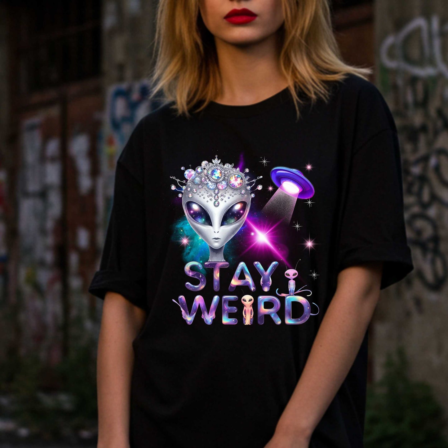 Beam us up, queen—the galaxy’s weirdest and most fabulous fashion icon has entered the orbit. This Stay Weird alien graphic tee is here to remind Earthlings that normal is overrated. Featuring a cosmic glam alien with jeweled headgear and a full-on abduction spotlight moment, this shirt is serving interstellar weirdness with a side of sparkle. 
